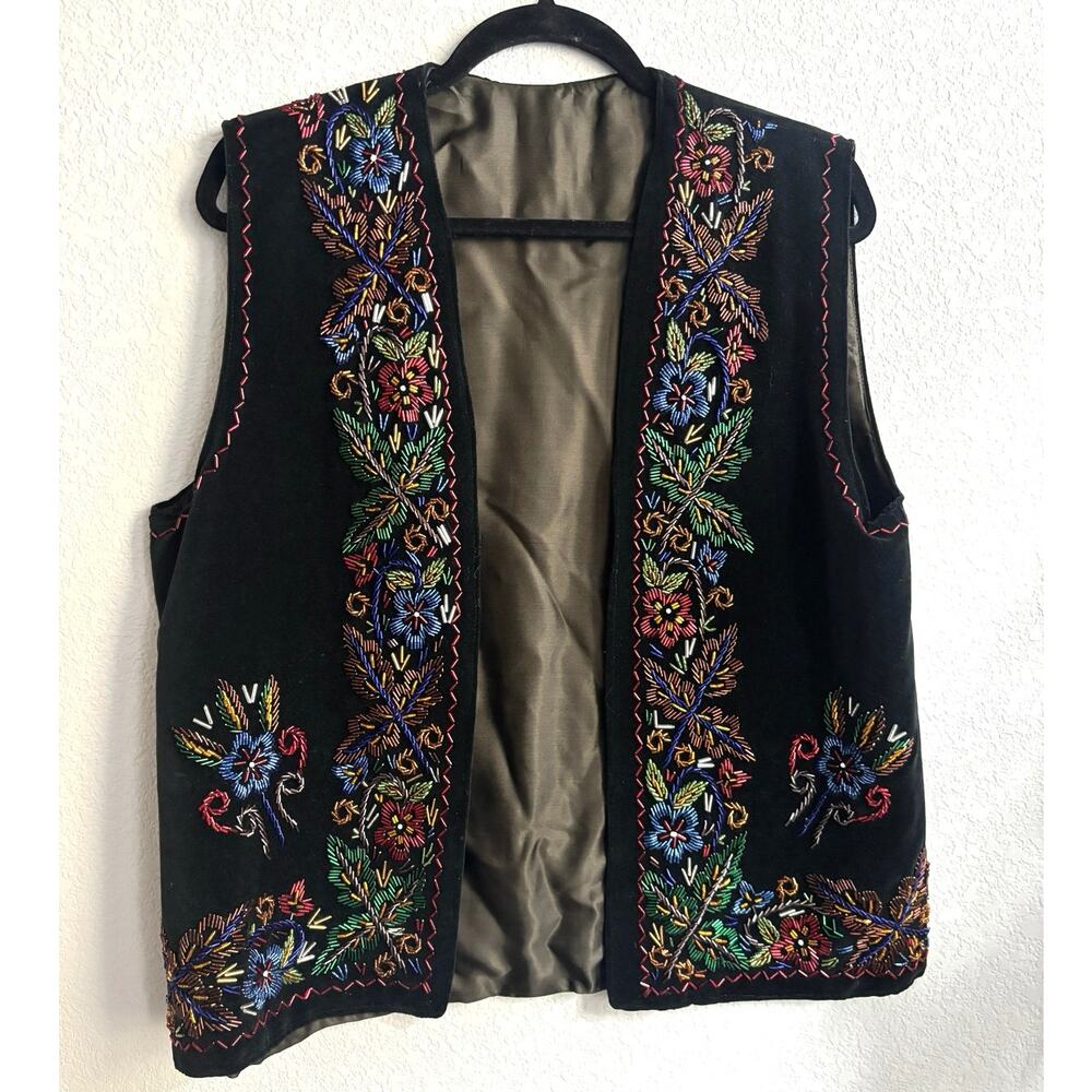 velvet vest glass bead embroidery colorful floral European folk Romanian style - Picture 6 of 10